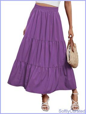 Women's Boho Flowy Tiered Maxi Skirt High Waisted Summer Beach Long Skirt